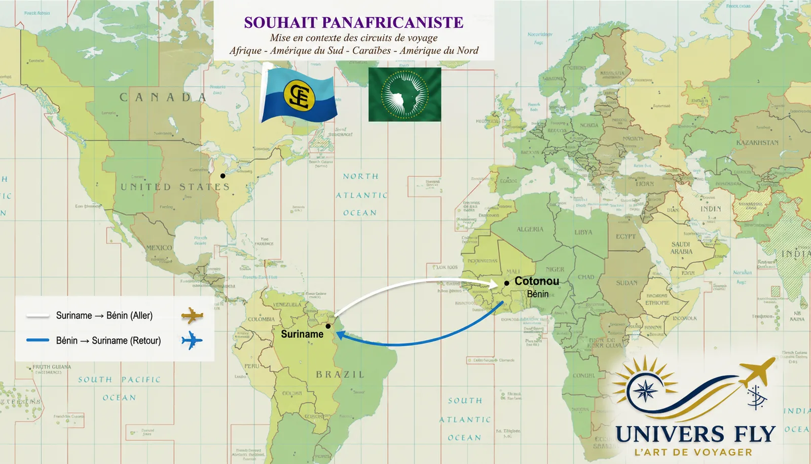Carte du monde figurant une liaison aller-retour entre le Suriname et Cotonou au Bénin, accompagnée des drapeaux de la CARICOM et de l'Union africaine.
